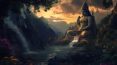 Mountain river sanctuary with monumental Shiva statue at dusk