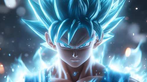 Blue-haired anime fighter with glowing energy aura portrait.