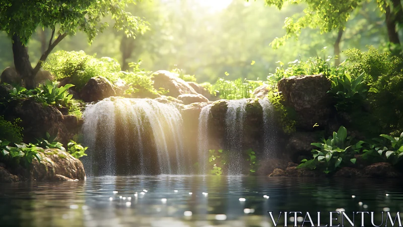 Waterfall cascades over mossy rocks into calm forest pool