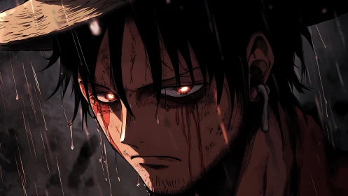 Somber anime hero stands in the rain with fierce glowing eyes.