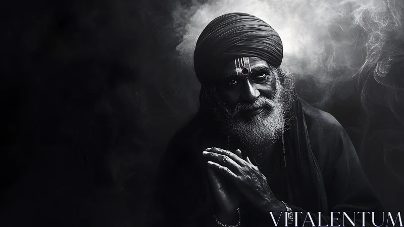 Low-key monochrome portrait of elderly mystic in swirling smoke