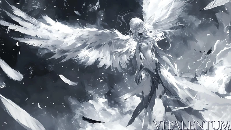Monochrome winged angelic warrior in storm of feathers.