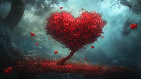Heart-Shaped Tree Blooms Red Hearts in Mystical Forest