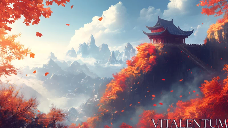 Temple above misty peaks amid blazing autumn forest.