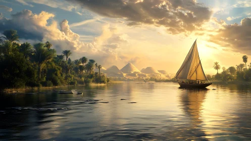 Sunlit Nile voyage toward pyramids in gilded horizon glow.
