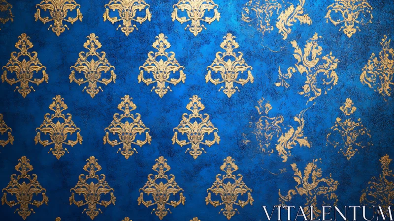 Gold damask ornamental pattern on textured blue background.