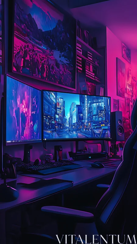 Neon-drenched battlestation hums quietly in midnight magenta