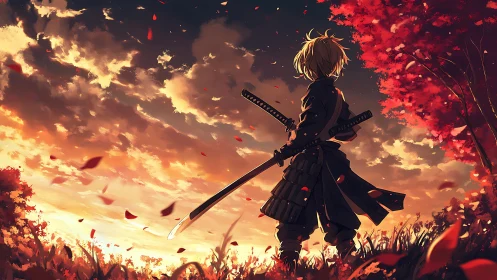 Samurai figure facing sunset sky in autumn field scene.