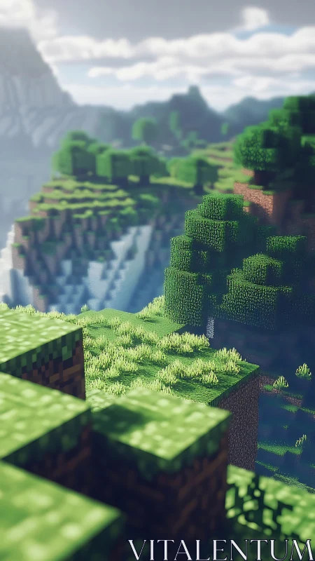 Voxel cliffside landscape with depth-of-field lighting study.