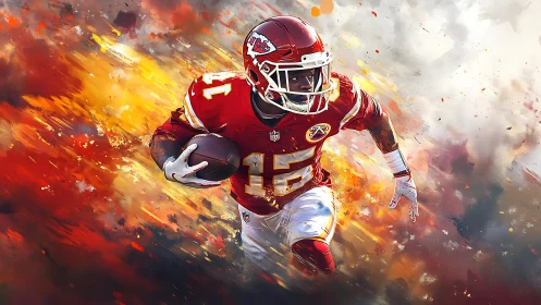 Football player in red uniform runs forward holding ball