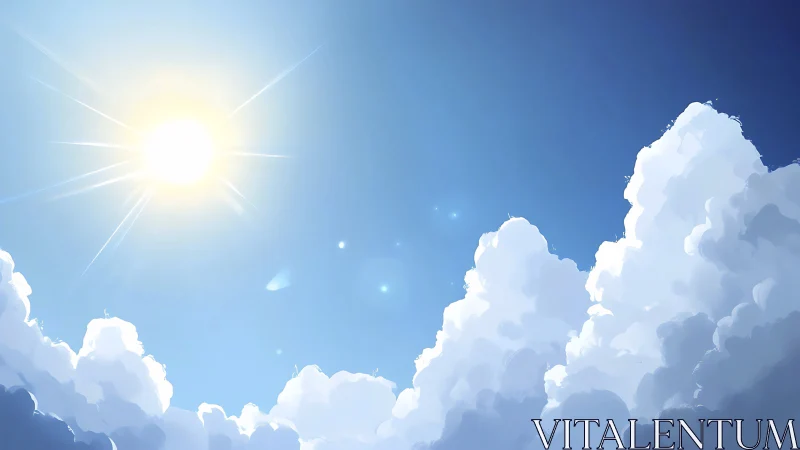 Radiant solar disc above volumetric cumulus cloudscape panorama.