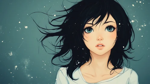 Windblown anime girl portrait with teal abstract backdrop.