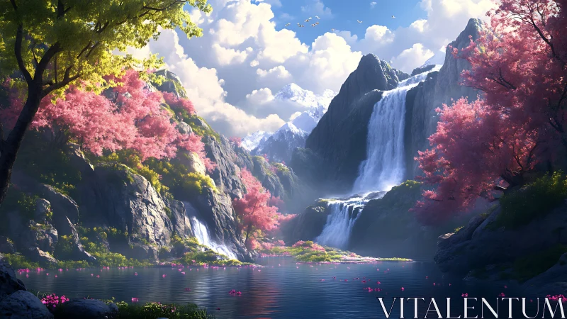 Mountain cascade with pink foliage and reflective lake basin.