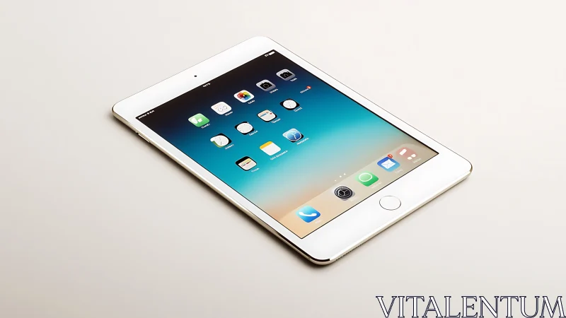 White iPad with iOS home screen displaying installed apps.