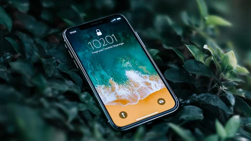 Smartphone displays beach landscape wallpaper with foliage background