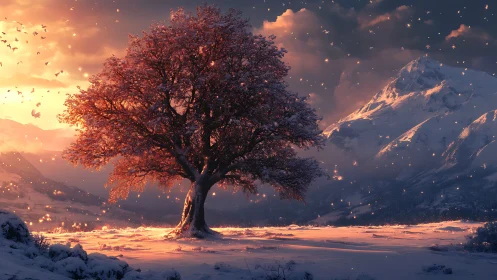 Glowing winter tree embracing sunset over snowy peaks.