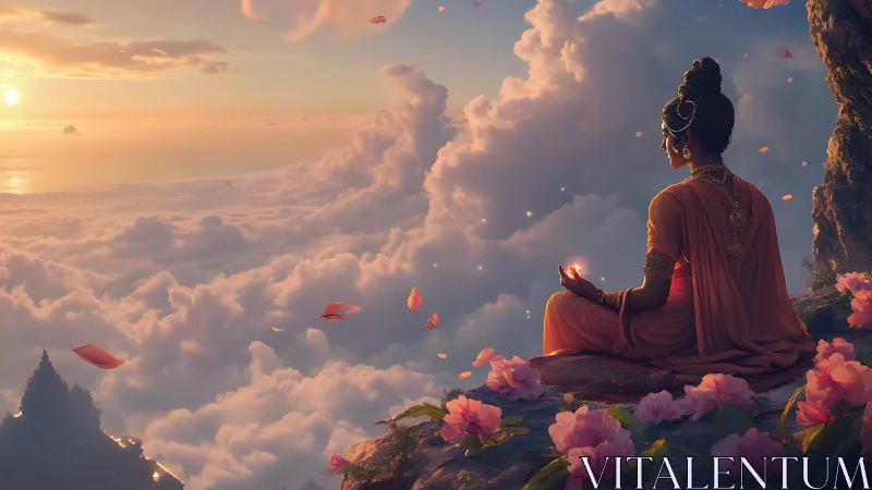Sunrise clouds cradle a meditating goddess in drifting petals