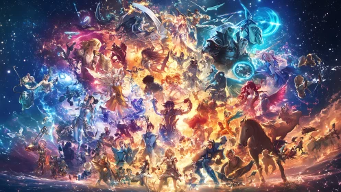 Cosmic fantasy battle panorama with radiant elemental heroes.