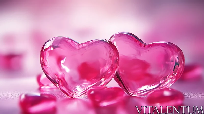 Translucent glass heart forms arranged on reflective surface.
