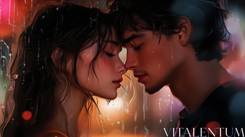 Two souls embrace through rainfall's golden glow