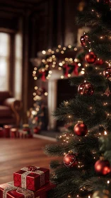 Decorated indoor Christmas tree with lights and wrapped gifts.