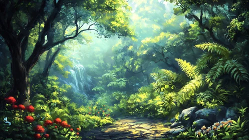 Enchanted Forest Waterfall with Sunlit Canopy.