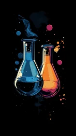 Colorful laboratory flasks with liquid and splashes on black