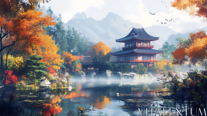 Japanese lakeside temple stands amid dense autumn foliage