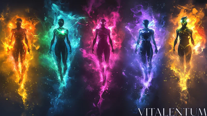 Color-charged guardians rising from swirling cosmic flames.