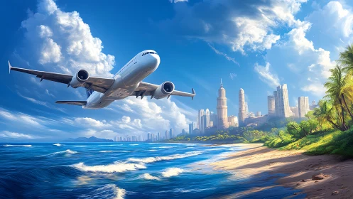 Jetliner slices coastal sky over luminous tropical cityscape.
