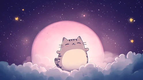 Chubby cartoon cat rests on glowing moon above clouds