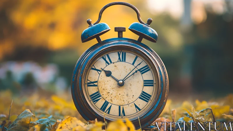 Gentle vintage alarm clock rests among soft autumn leaves