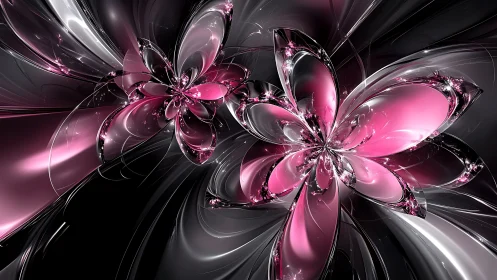 Shimmering pink glass blossoms swirling in silver night.