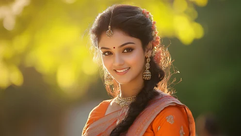Smiling woman in orange saree under warm golden sunlight