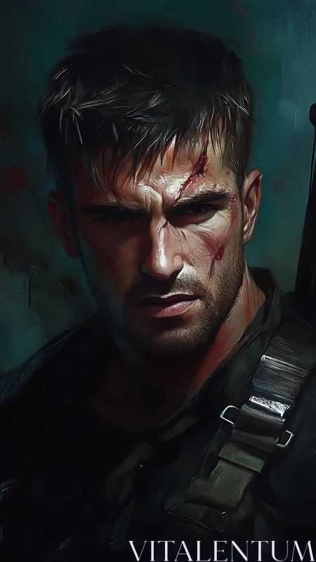 Battleworn hero pauses in moody, painterly shadows.