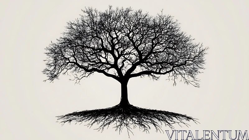 Bare tree silhouette with mirrored roots on light background.