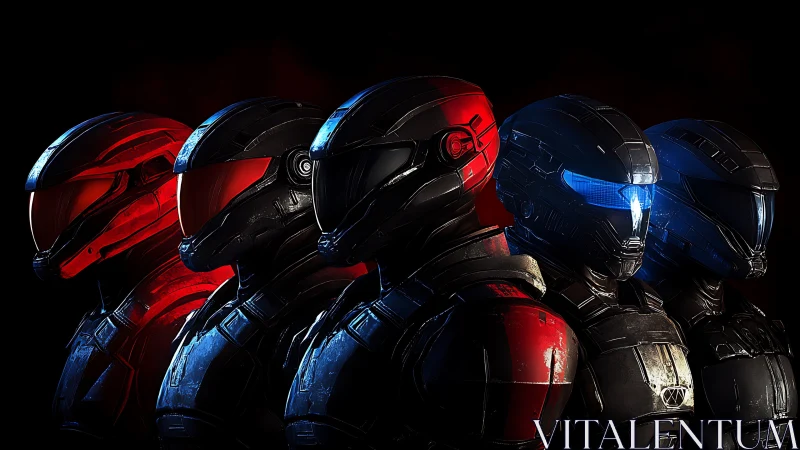 Armored sci fi soldiers lined up with red and blue visors.