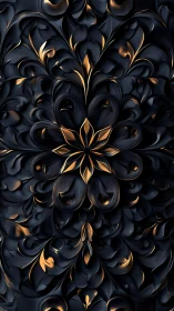 Dark floral relief sculpture shows glowing gold leaf veins
