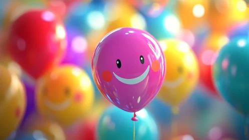 Pink smiling helium balloon amid colorful bokeh balloons