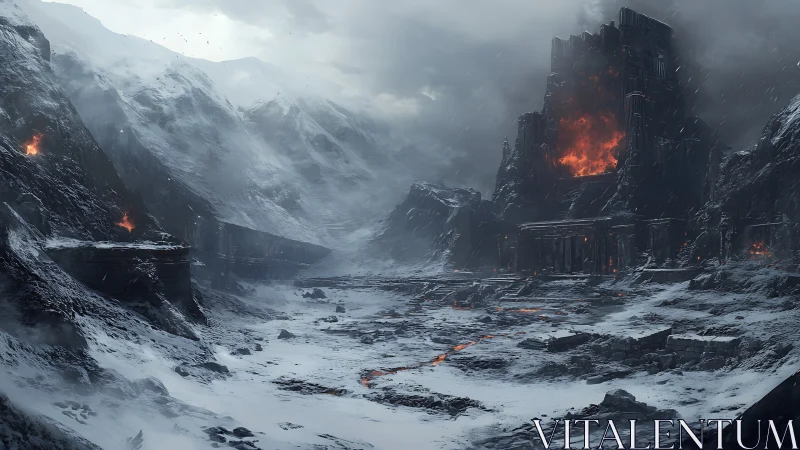 Burning fortress dominates frozen volcanic ravine. Period.