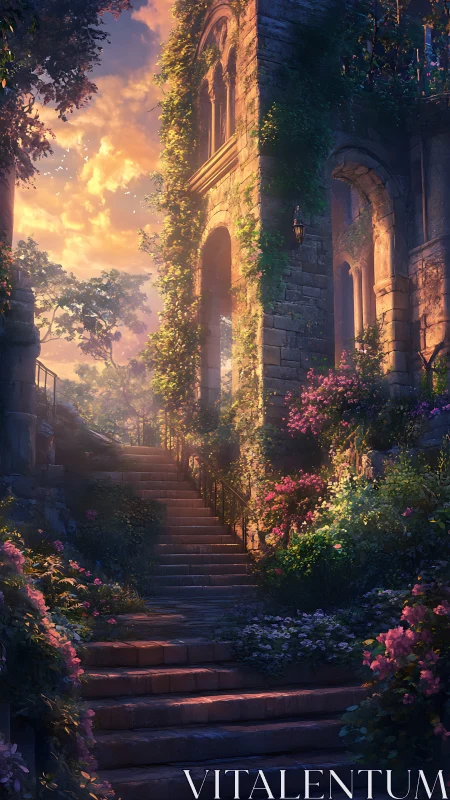 Sunlit ivy stairway into a vanished garden kingdom.