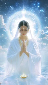 Divine woman meditates in radiant celestial light halo