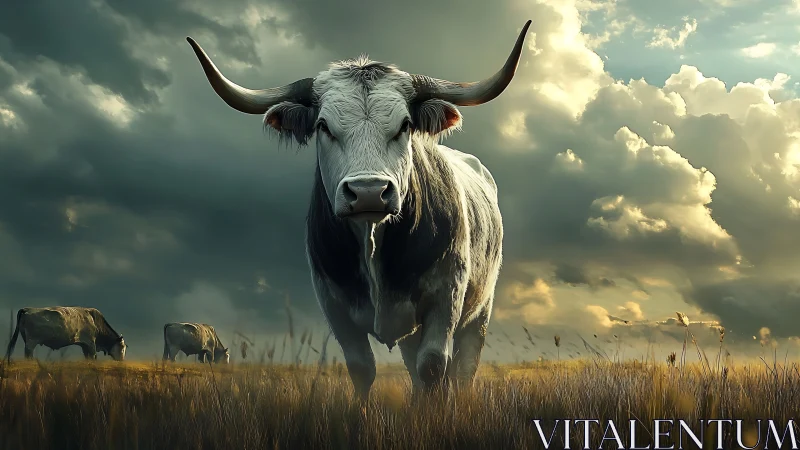 Longhorn bull in stormy grassland under dramatic skies.