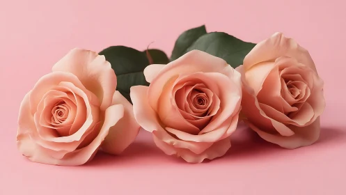Three Coral Roses Against Pink Background.