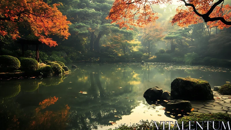 Autumn foliage and pond within structured landscaped garden.