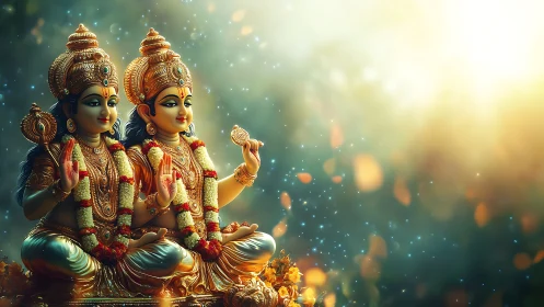 Radiant twin deities sit in golden calm amid glowing light