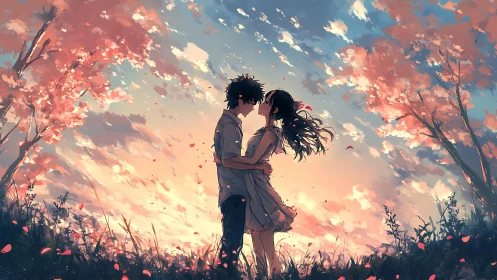 Twilight blossom embrace between sky-kissed anime lovers.