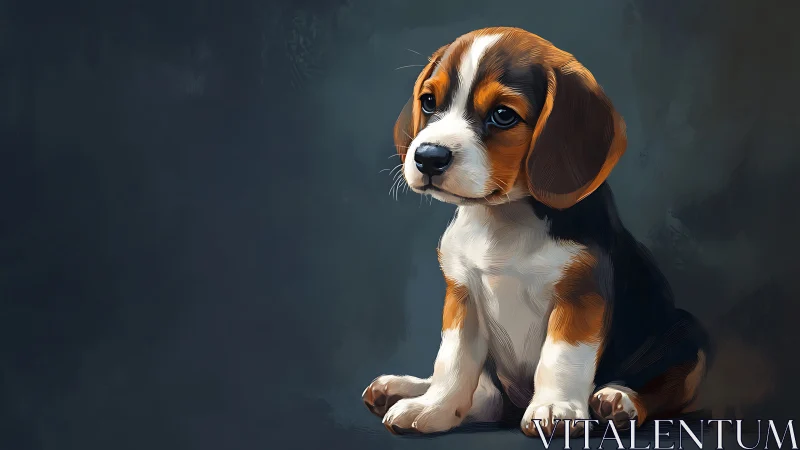Gentle beagle puppy resting in soft painterly light.