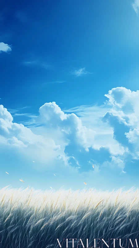 Tall grass field beneath expansive blue sky and clouds.