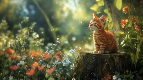 Orange kitten positioned on tree stump among wildflowers.